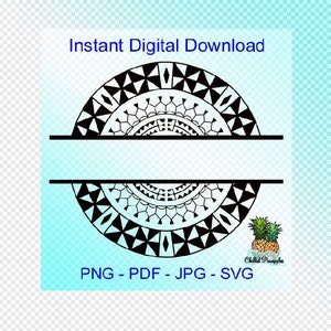 Puede incluir: Diseño de monograma dividido en blanco y negro con un patrón de inspiración polinesia. El diseño está dividido en dos mitades con un espacio en blanco en el medio para un nombre o texto. PNG - PDF - JPG - SVG.