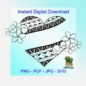 Download digitale, cuore tribale polinesiano e plumeria, casella di testo, striscioni, grafica, pdf, jpg, png, svg, file di taglio, clipart