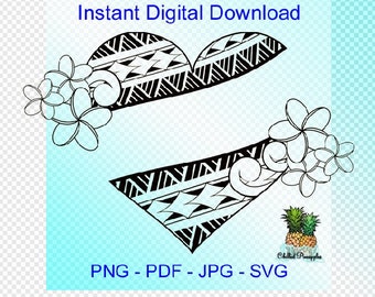 Digital Download - Polynesian Tribal Heart & Plumeria Text Box Banner Graphics - pdf, jpg, png, svg - Cut Files - Clipart