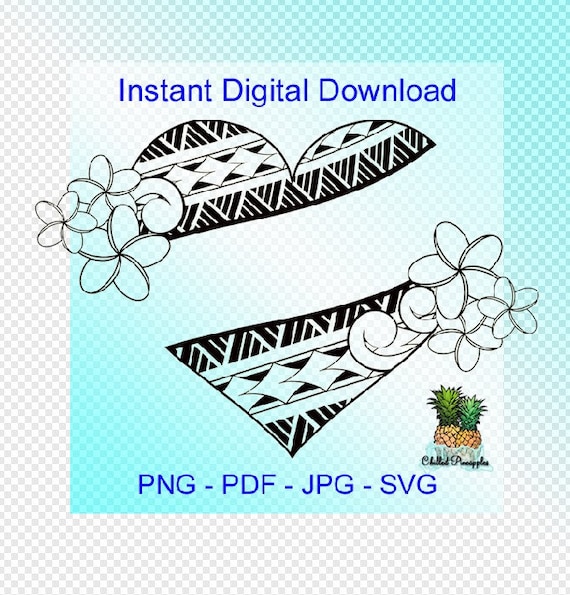 Digital Download - Polynesian Tribal Heart & Plumeria Text Box Banner Graphics - pdf, jpg, png, svg - Cut Files - Clipart
