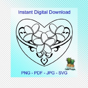 Digitale download - Tropical Island Plumeria Flower & Filigraan Hart Graphics - Handgetekende pdf, jpg, png, svg - clipart