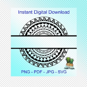 Puede incluir: Diseño de mandala en blanco y negro con una división en el medio para agregar texto. El diseño está rodeado de un fondo azul claro con el texto "Descarga digital instantánea" en la parte superior y "PNG - PDF - JPG - SVG" en la parte inferior.