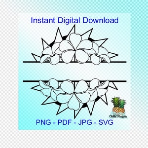 Puede incluir: Descarga digital en blanco y negro de un marco de monograma dividido con flores tropicales. El texto "Descarga digital instantánea" y "PNG - PDF - JPG - SVG" están incluidos en la imagen.