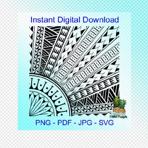 May include: Black and white geometric design with a sunburst pattern. The design is in a traditional Polynesian style. The image includes the text "PNG - PDF - JPG - SVG".