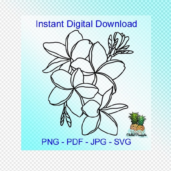Digital Download - Tropical Island Flowers Plumeria Frangipani Tapanie Flower Graphics - Hand Drawn pdf, jpg, png, svg - Cut Files - Clipart