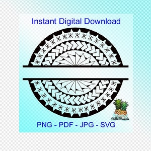 Puede incluir: Diseño de monograma dividido en blanco y negro con un patrón de inspiración polinesia. El diseño está dividido en dos mitades con un espacio en blanco en el medio para un nombre o iniciales. El texto "Descarga digital instantánea" y "PNG - PDF - JPG - SVG" se encuentra en la parte superior e inferior del diseño.
