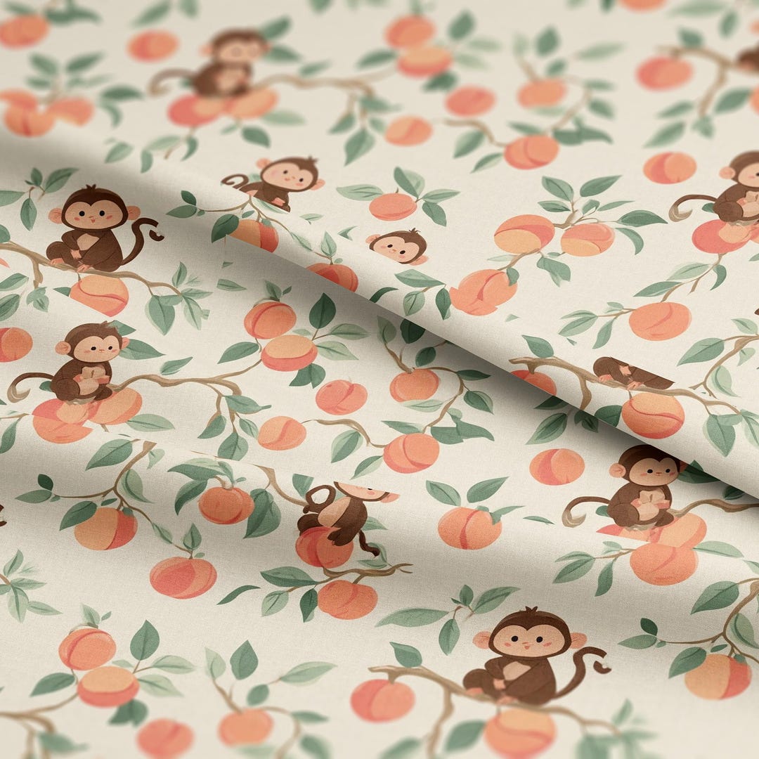 Monkey Pattern Material Cute Monkey With Peaches Pattern, Fabric by the Yard, 58 In