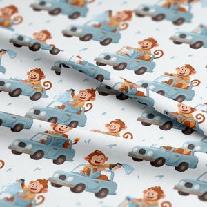 May include: A repeating pattern of light blue cars with cartoon monkeys. The monkeys are wearing overalls and are either driving, washing, or riding in the cars. The background is white with light blue water droplet shapes.