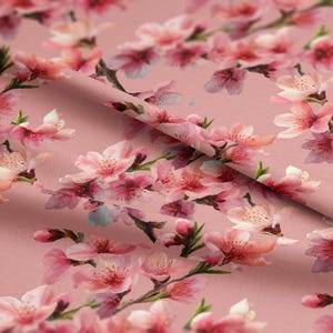 Mönster med rosa körsbärsblommor, tyg som metervara, 136 cm brett, polyester, för sömnad, hantverk, gör-det-själv-projekt