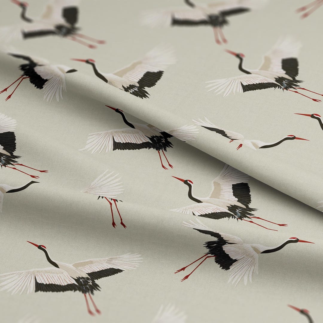 Red-crowned Cranes Pattern, Fabric by the Yard, 58 In