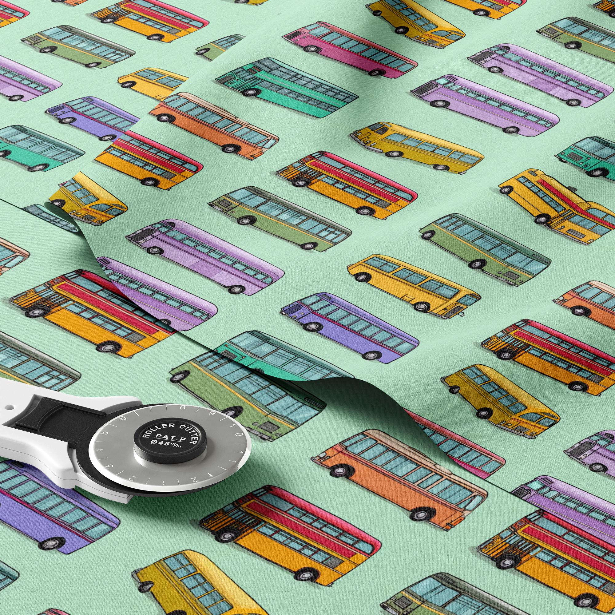 Miniature Bus Pattern Colorful Buses Pattern, Fabric by the Yard, 58 In