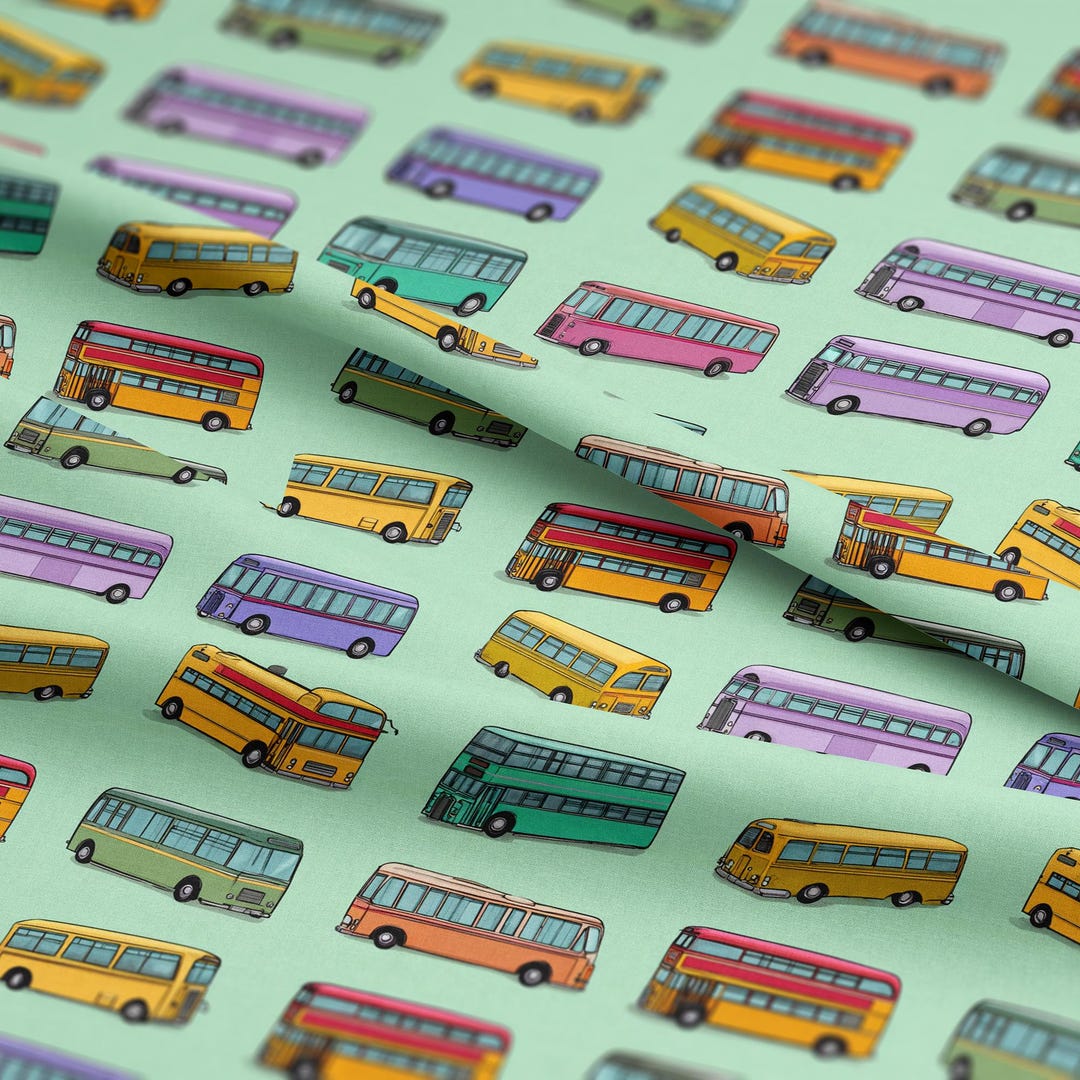 Miniature Bus Pattern Colorful Buses Pattern, Fabric by the Yard, 58 In