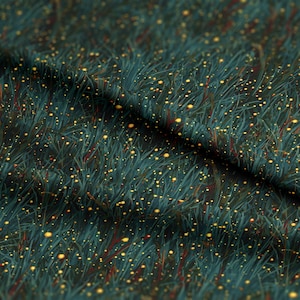 May include: A close-up of a fabric with a repeating pattern of teal-colored grass blades and small yellow orbs. Thin red lines are interspersed throughout the design, creating a textured, naturalistic appearance. The fabric has a slightly folded appearance.