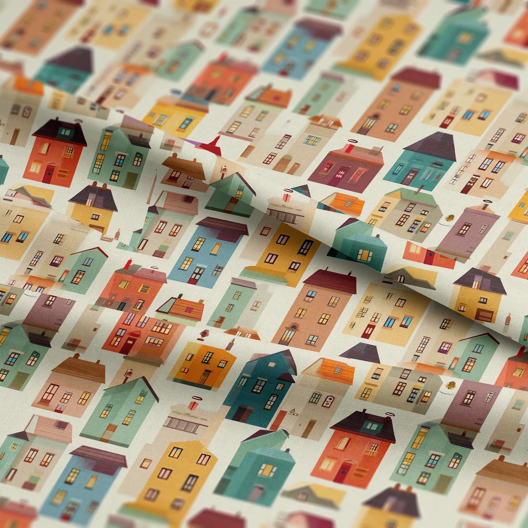 Colorful, Vintage Houses Pattern, Fabric by the Yard, 58 In" Wide ...