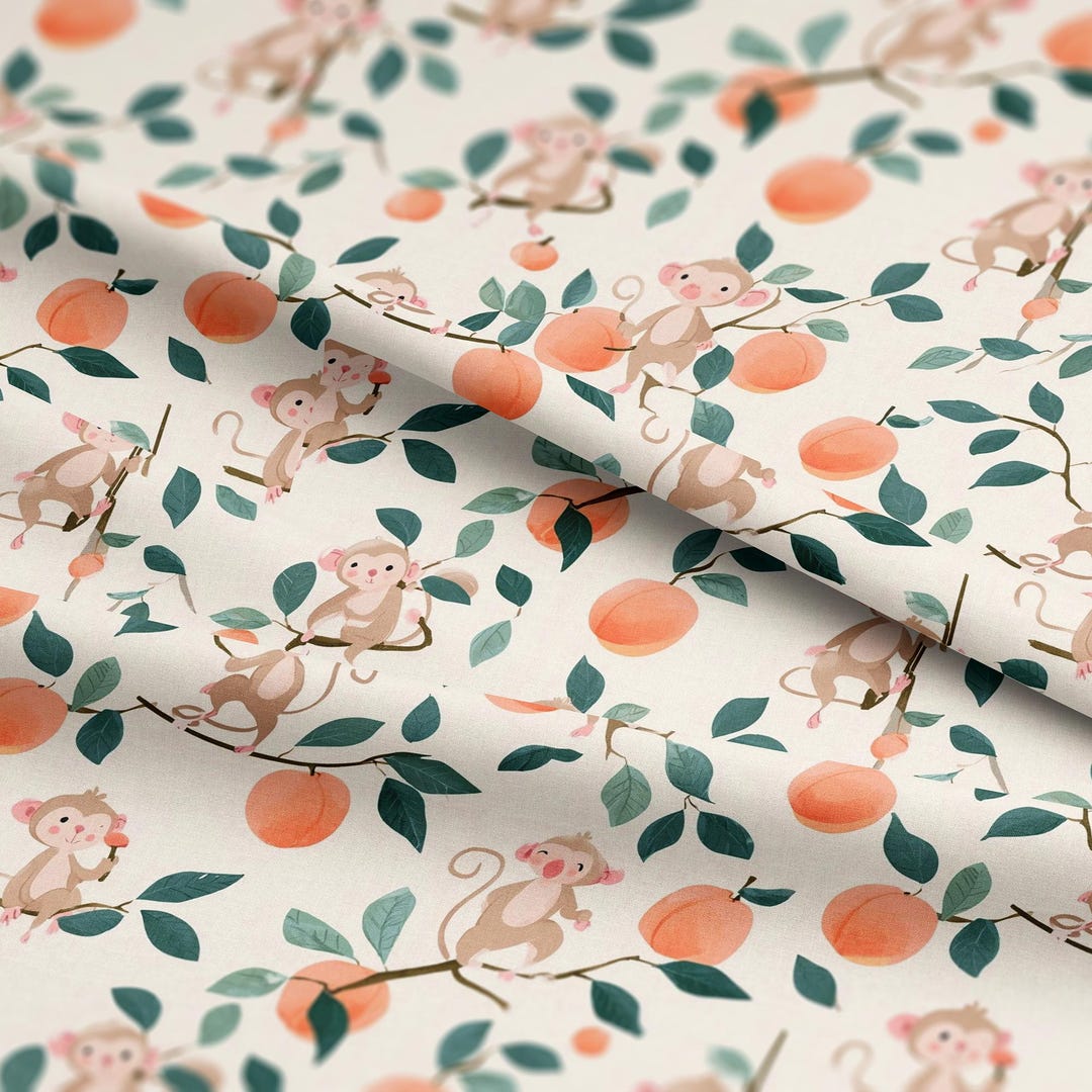 Monkey Pattern Material Monkey and Peach Pattern, Fabric by the Yard, 58 In