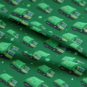 Peut inclure: Motif répété de camions poubelles verts sur fond vert foncé. Les camions sont détaillés avec des accents jaunes et orange. Le motif comprend de petites formes blanches et vertes éparpillées.