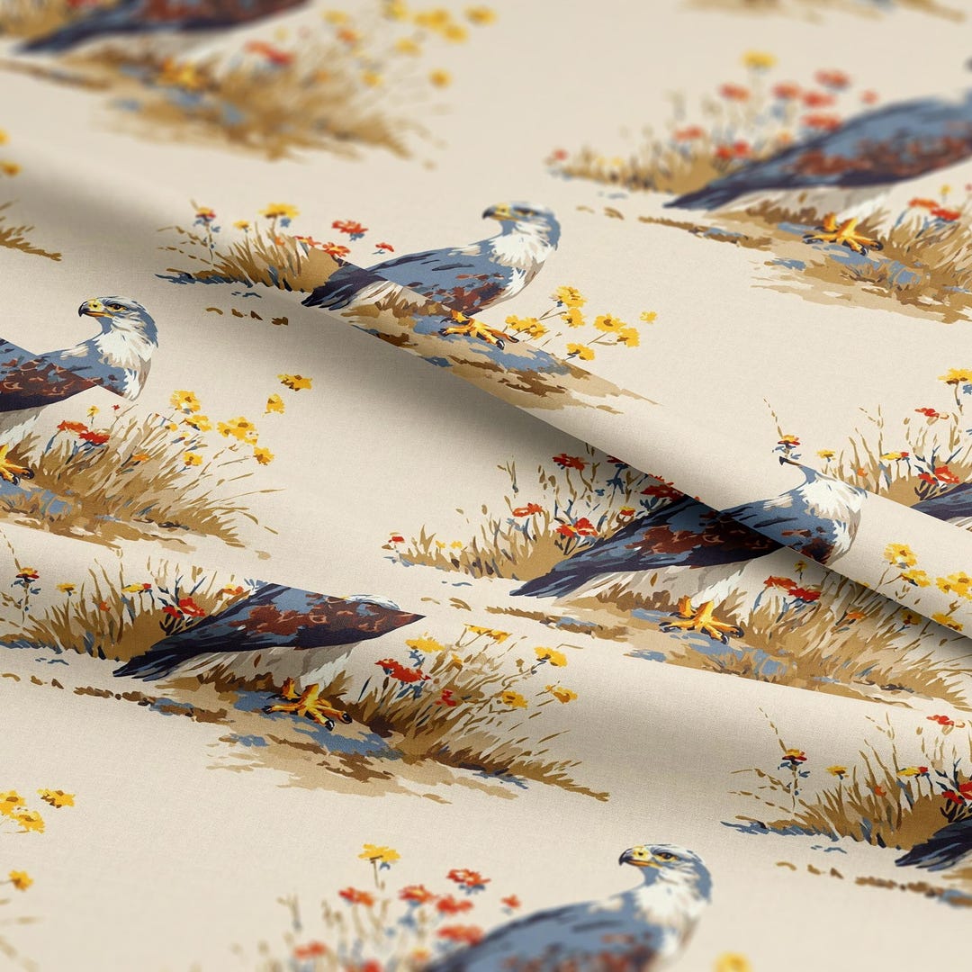 Watercolor of A Perched Hawk With Wildflowers Pattern, Fabric by the ...