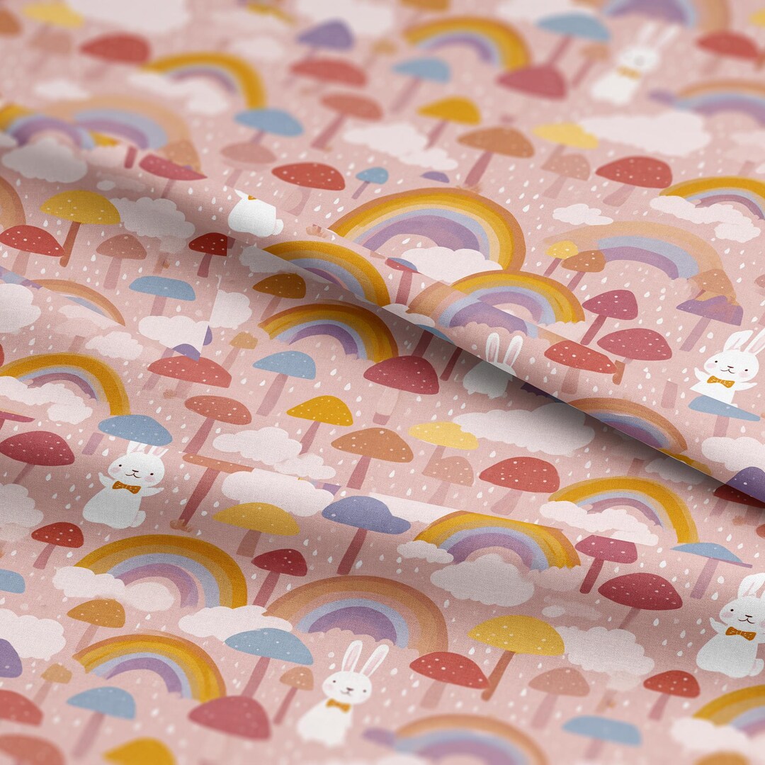 Rainbow Thread Rabbit Bunny Rabbits and Rainbows Pattern, Fabric by the Yard, 58 In