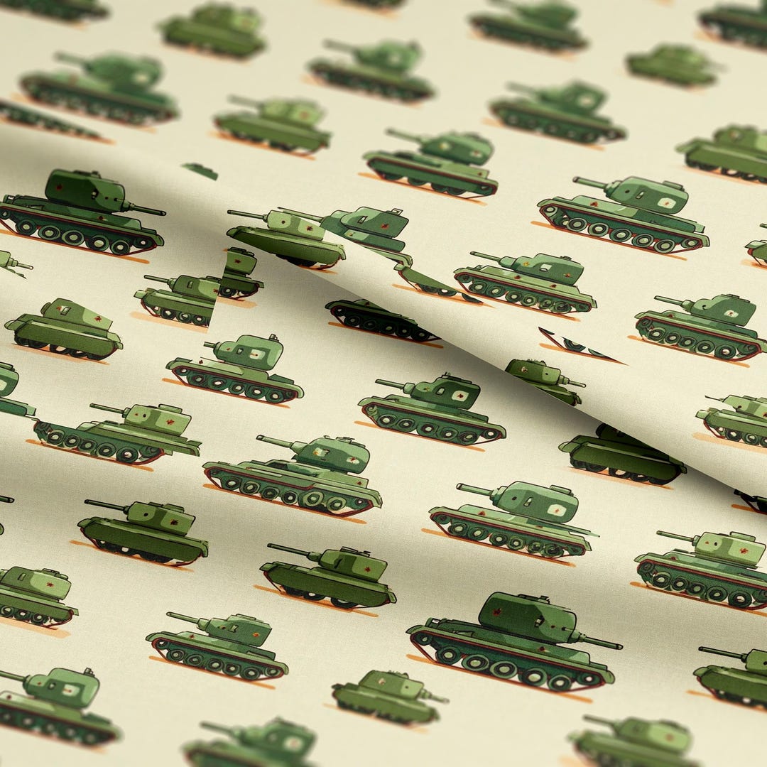 Tank Camp Pattern Green Military Tanks Pattern, Fabric by the Yard, 58 In