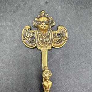 Antique Ornate Gothic Brass Patina Cherub Angel Head with Wings Wall Mounted Hook Hanger England 4 In