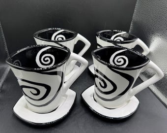 Plateaux de table vintage des années 1990 Illimité Urban Graffiti spirale noir et blanc tasse à café et soucoupe Service pour quatre 8 pièces HTF Rare