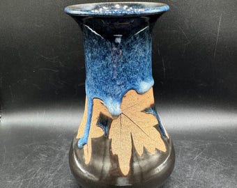 Studio Art Pottery Vase Maple Leaf Blue Drip Glaze Two Tone Mark Alewine 04’