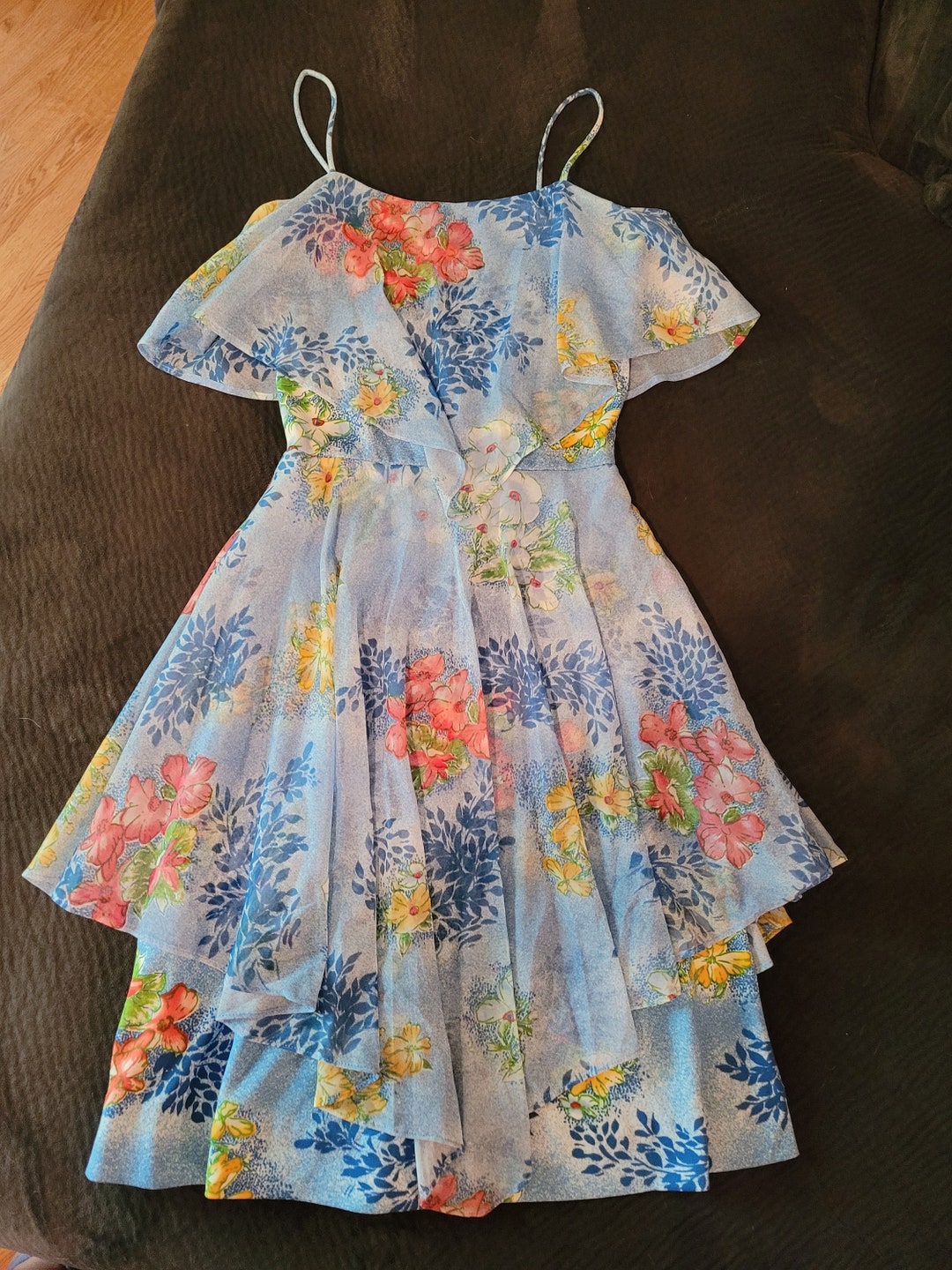 Vintage Kim Ohare Blue Hawaiian Flower Dress Flowy 2 Layer Etsy