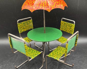 Vintage MCM Dollhouse Furniture Metal Table Built In Umbrella & 4 Chairs Colorful Retro Design German