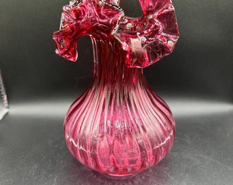 Vintage Fenton Art Glass Vase Cranberry Red Ruffled Edge Swirl Body