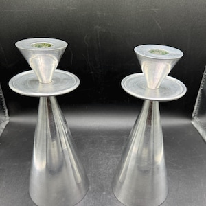 Vintage Pair Mid-Century Modern Pewter Candle Taper Holders Hourglass Swedish Design 8.25” Tall