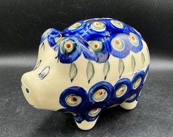 Tirelire polonaise bleu, rose et vert motif paon fait main 6" de long sans bouchon