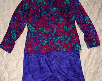 Vintage jaren 90 ADRIANNA PAPELL zijden 2-delige rokpak felle kleuren bloemen maat 16 dames XL chemisch gereinigd