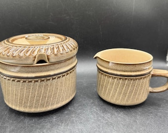 Vintage Denby Sonnet Stoneware England Sugar Bowl with Lid & Matching Creamer Set 3pc