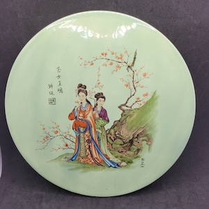 Vintage Chinese Ceramic Tile Plate Trivet Wang Queen Rui with Birds and Trees Celedon Glaze Cork Back
