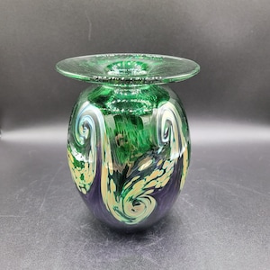 George Averbeck Art Glass Vase Peacock Colors Swirls Signed Fire on the Mountain