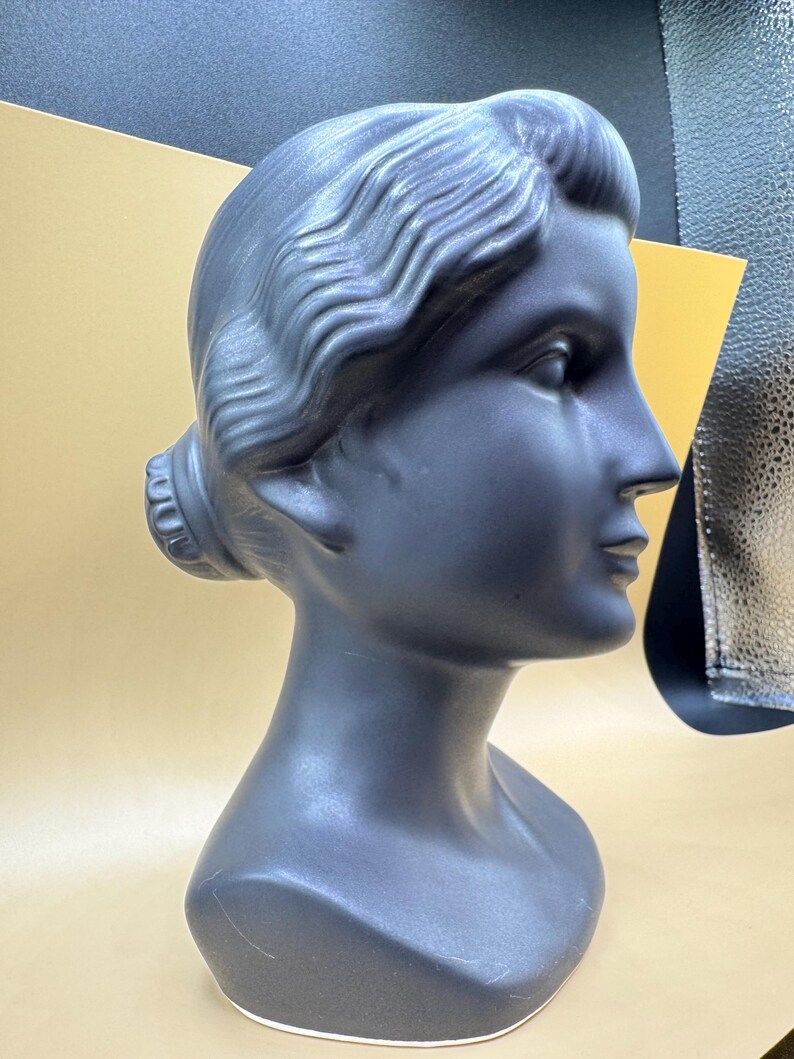 Puede incluir: Busto de cer&aacute;mica gris oscuro de una mujer con detalles en el cabello y rasgos faciales. El busto es un perfil, mostrando las elegantes l&iacute;neas de la cara y el cuello. La base es blanca.