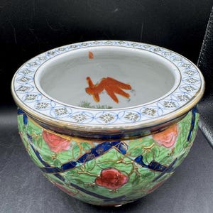 Chinoiserie Porcelain Fish Bowl Cachepot Planter Green Blue Diamond Pink Rose Floral Koi Fish Inside