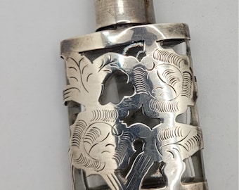 Antique Taxco Sterling Silver 925 Mexico Perfume Scent Bottle Floral Engraved