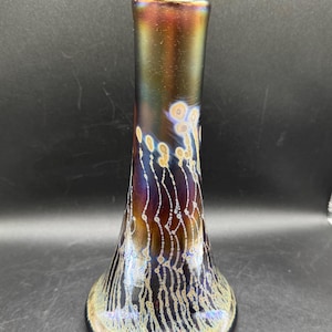 Robert Coleman Hand Blown Art Glass Vase Black Amethyst Peacock Iridescent 8 5/8” Tall Vintage