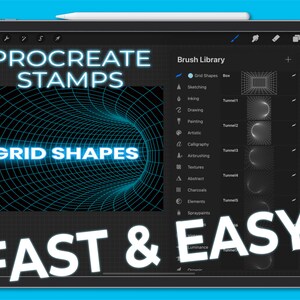 May include: A screenshot of the Procreate app on an iPad showing a grid shape stamp with the text "GRID SHAPES" in a blue neon color. The text "PROCREATE STAMPS" is in a white neon color. The text "FAST & EASY!" is in white bold text. The app's brush library is visible on the right side of the screen.