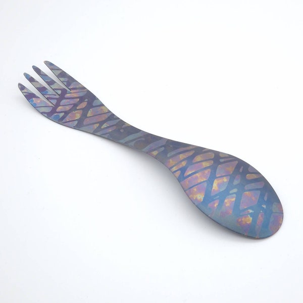 Titanium Spork, Anodized with fluid effect. Super light and hard-wearing.