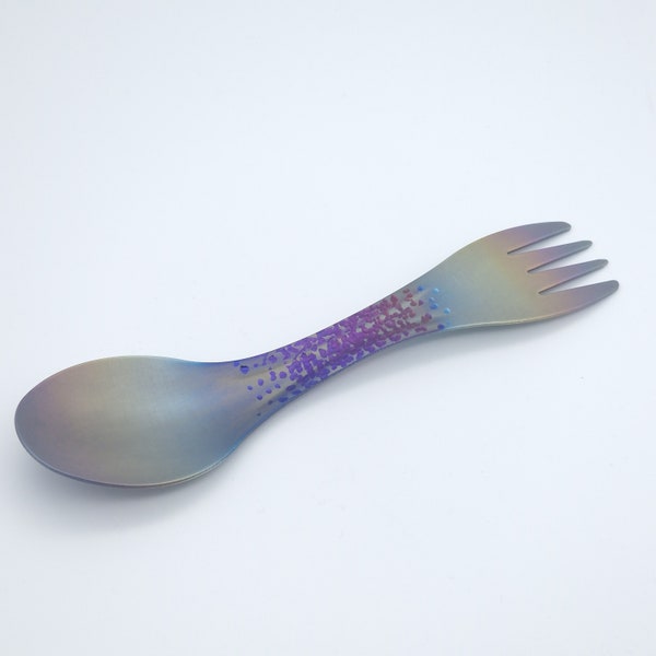 Titanium Spork, Anodized with engraved texture. Super light and hard-wearing.
