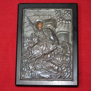 Vintage sterling silver Greek orthodox icon - Saint George . Silver - 0.950 . Certificate .