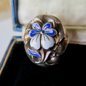 Antieke Victoriaanse geëmailleerde 14k gouden broche met blauwe bloem