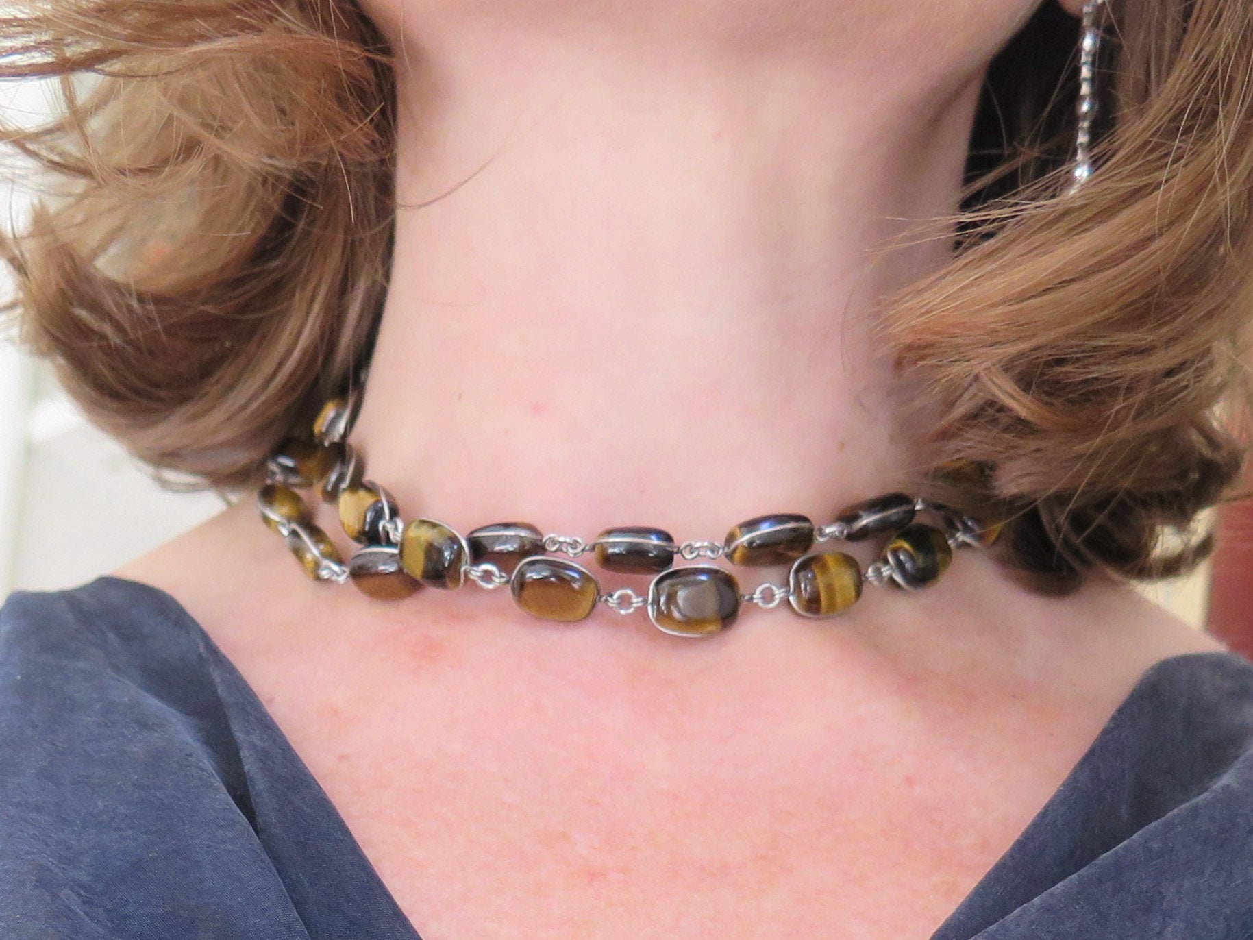 Collier Perles œil De Tigre - Grosses Perles, Montage Nœud Vintage - Longueur 46-50 Cm - Argent Sterling, Occasion
