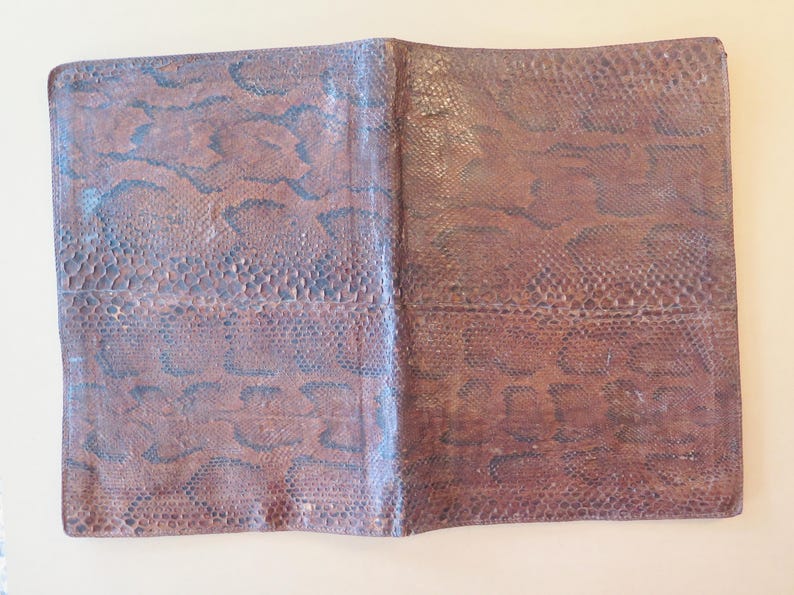 K&ouml;nnte beinhalten: Offenes, braunes Leder-Notizbuch mit Schlangenmuster. Das Notizbuch ist ge&ouml;ffnet und zeigt das Innere. Das Leder hat ein strukturiertes Aussehen mit dunkelblauen und braunen T&ouml;nen. Das Notizbuch ist rechteckig.