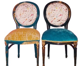 Antique Italian Chairs Styled with Gold Leaf, Refurbished Seatings, velvet and artistic fabric