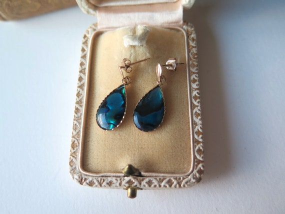 Vintage Abalone Drop Earrings, 9k Yellow Gold - image 1