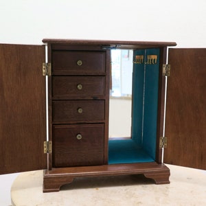 Large Vintage Jewelry Organizer, Jewelry Armoire with Mirror Drawers Hangers Multi Ring Compartment Blue Lining