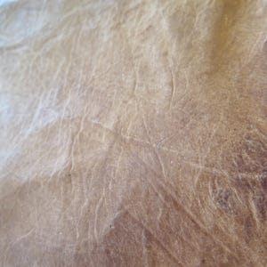 K&ouml;nnte beinhalten: Nahaufnahme einer strukturierten, hellbraunen Lederoberfl&auml;che. Das Leder hat ein abgenutztes Aussehen mit sichtbaren Falten und Farbvariationen, was eine rustikale &Auml;sthetik erzeugt. Die Oberfl&auml;che ist beleuchtet und hebt die nat&uuml;rliche Maserung und Unvollkommenheiten hervor.